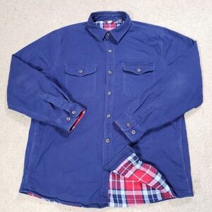 Lands End Shirt Men Medium Blue Red Flannel Lined Work Jacket Shacket Button Up